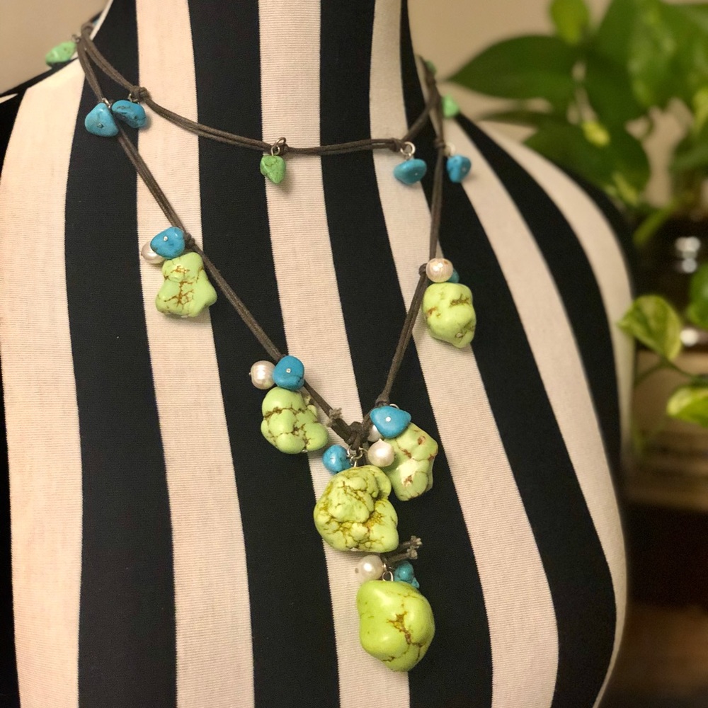 Blue Lime Turquouse Pearl Leather Lariat Necklace
